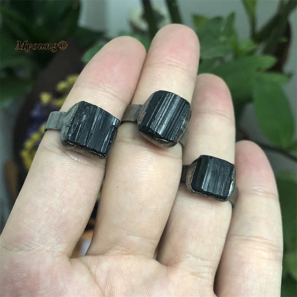 10PCS Gothic Square Shape Natural Black Tourmaline Jet Stone Vintage Adjustable Rings MY220708