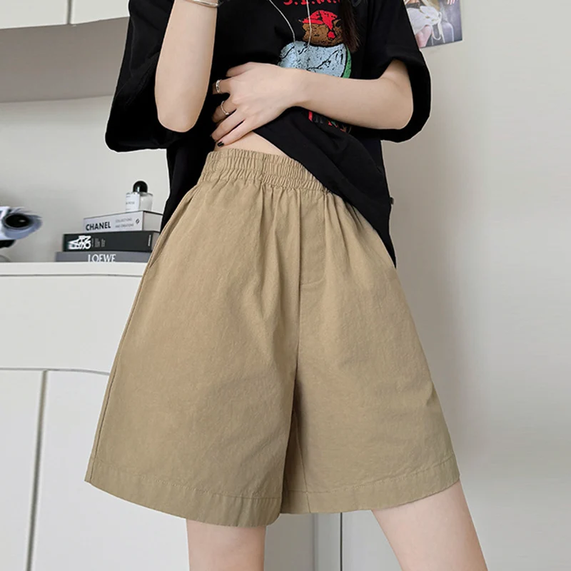 All Match High Waist Wide Leg Shorts Women Summer Solid Color Pocket Elastic Waisted Shorts Woman 2025 Korean Short Pants Female