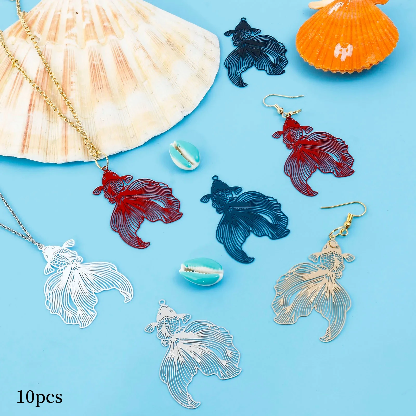 10pcs Filigree Stamping Pendants Multicolor Goldfish Filigree Painted Charms DIY Earrings Jewelry 4.8cmx3.1cm