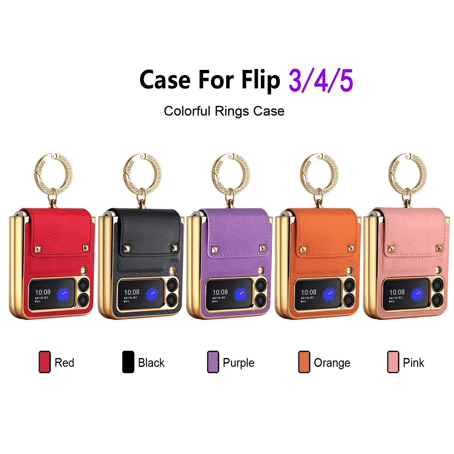 

For Samsung Galaxy Z Flip 5 4 3 Plain leather Plating Case For Z Flip5 Flip4 plating Ring Holder Case with Glass Lens Film Cover