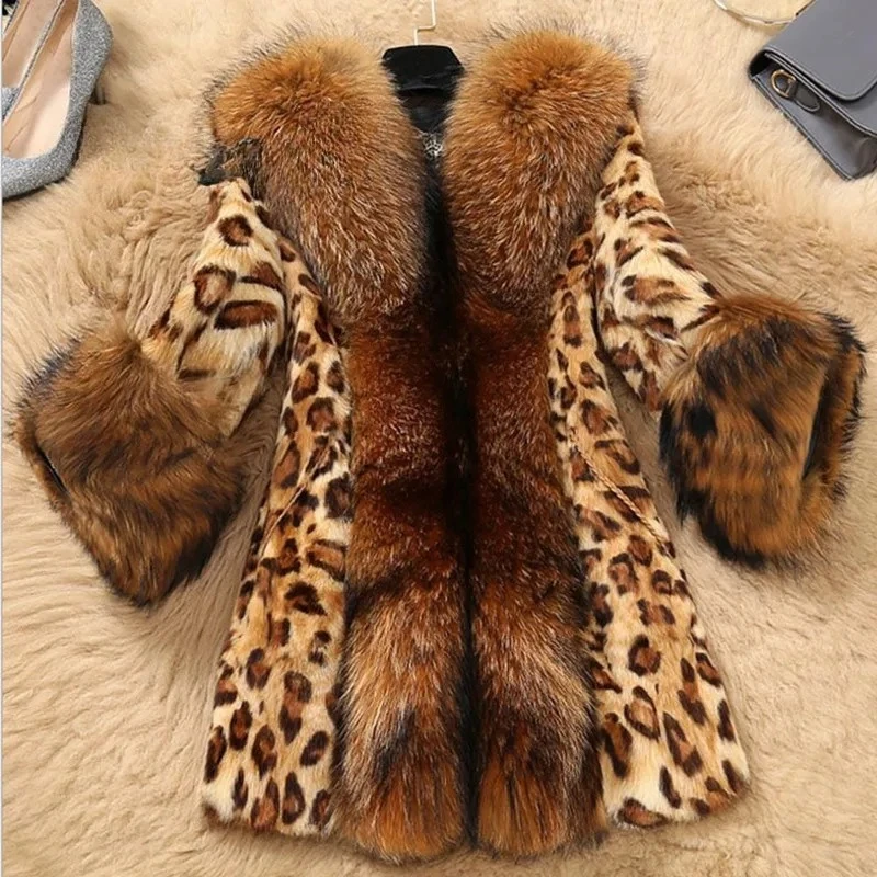 

Fall/Winter 2025 Fur Coat Women's Long Leopard-like Raccoon Fur Collar Artificial Wool Warm Coat Fur