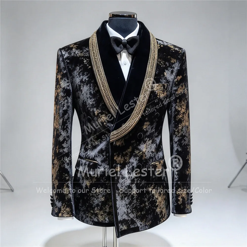 Unique Design Suits Men For Wedding 1 Piece Beaded Velvet Lapel Jacquard Print Prom Blazer Customized Groom Attire Fashion Coat