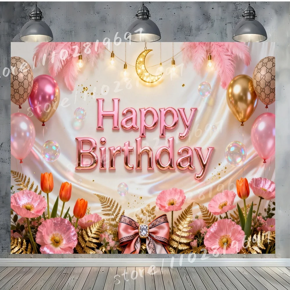 

Custom Pink Purple Vinyl Backdrop Happy Birthday Background with Balloons Glitter Stars Lights Cake Flowers Party Photography