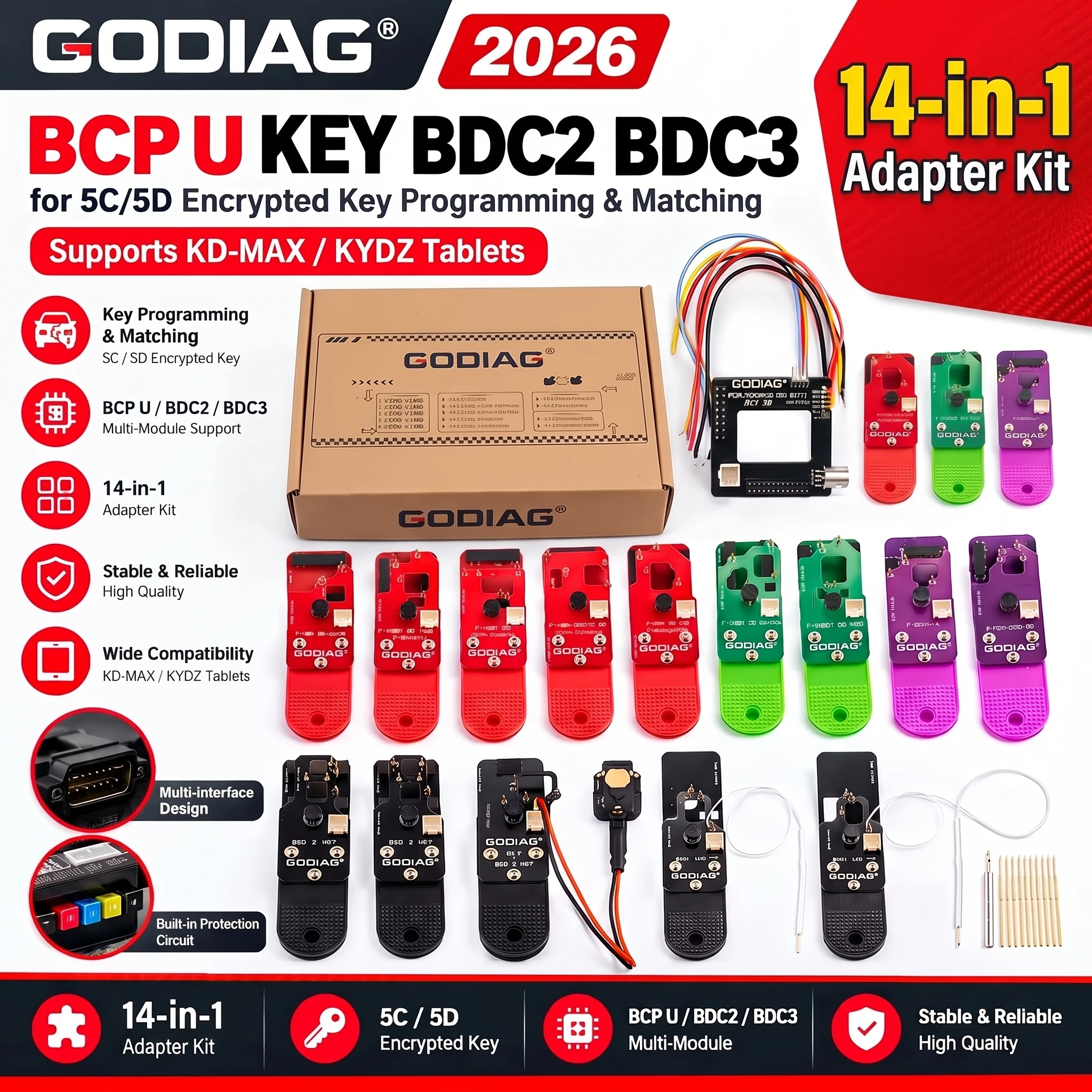 GODIAG BCP U Key BDC2 BDC3 14-in-1 Adapter Kit for 5C/5D Encrypted Key Programming & Matching Works with XHORSE/AUTEL Tablets