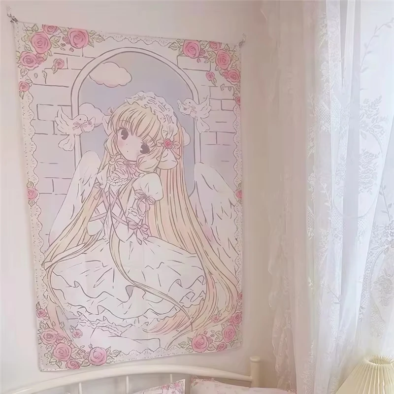 VIKAMA Angel Girl Tapestry Pink And Gold Lace Dove Arch Anime Style Bedroom Decoration Ins Style Tapestry Home Decoration