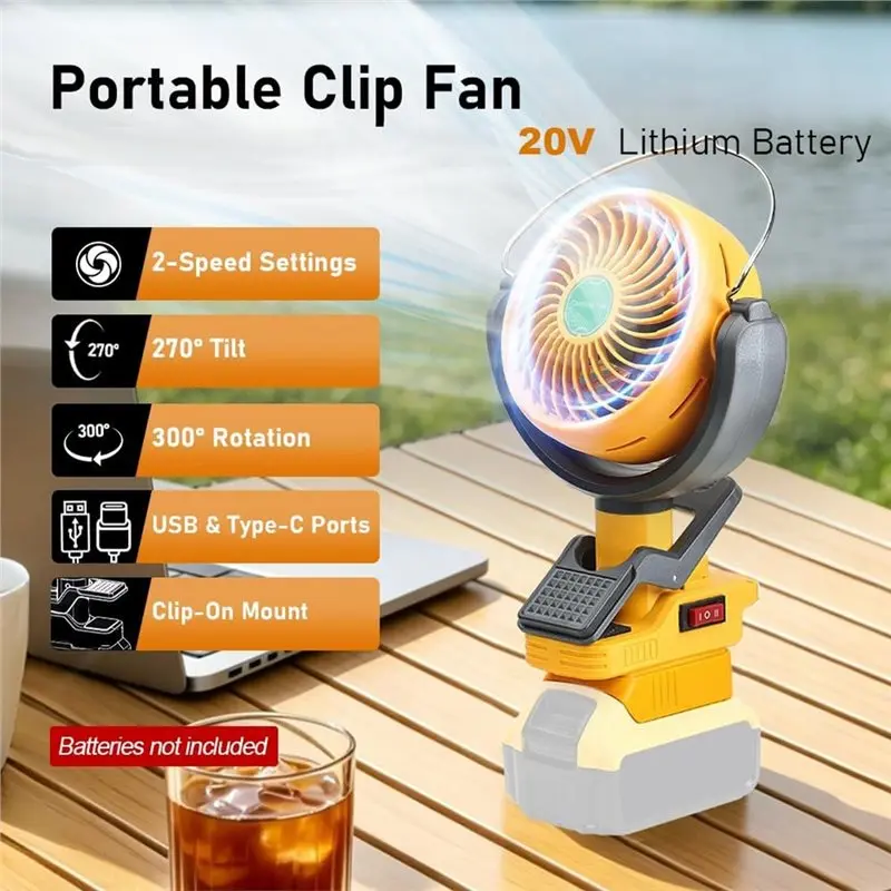 B51CNEW! Clip Fan Cordless For Dewalt 20V& 60V 2 Speed Dual USB Portable Cooling Fan For Jobsite Home Outdoor Camping