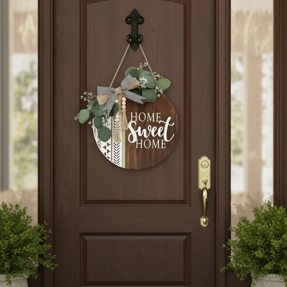 Gifts 2D Flat Welcome Sign Wooden Flower Hanging Decoration Round Shape Bow Knot Door Wreath Home Decor