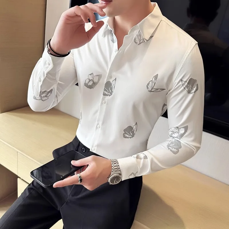 2023 Autumn Nightglow Butterfly Printed Men's Shirt Korean Fashion Slim Long Sleeve Casual Shirt Social Party Camisa Masculina