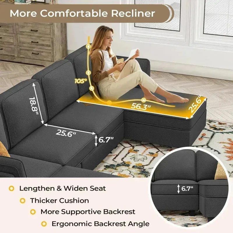 QAZ8-Hait 113''Sectional Sofa with Storage Seats.U Shaped Convertible Sofa Couch with Large Reversible Chaise.Comfy Chenille Sof