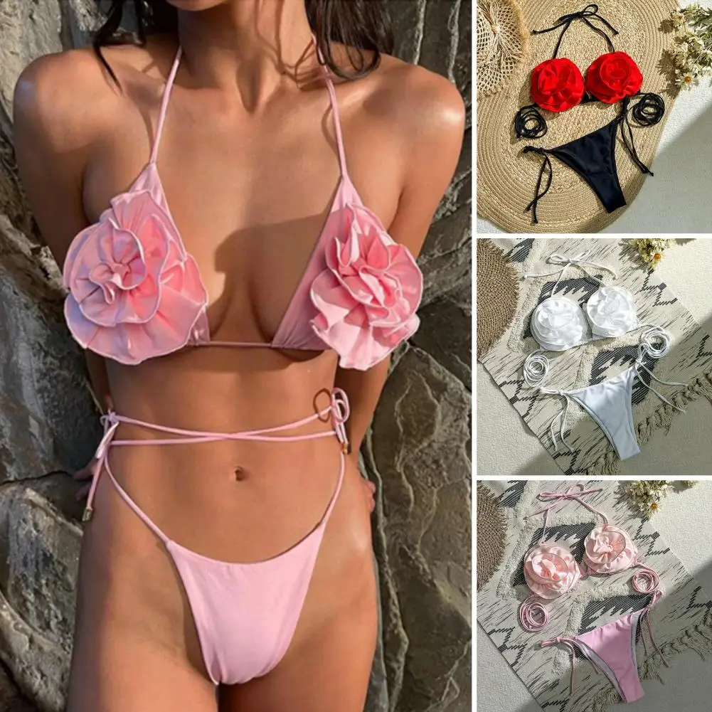 3D flor maiô conjunto com halter pescoço, cordões detalhe, férias de verão beachwear, sem fio acolchoado, rosa decoração, quente