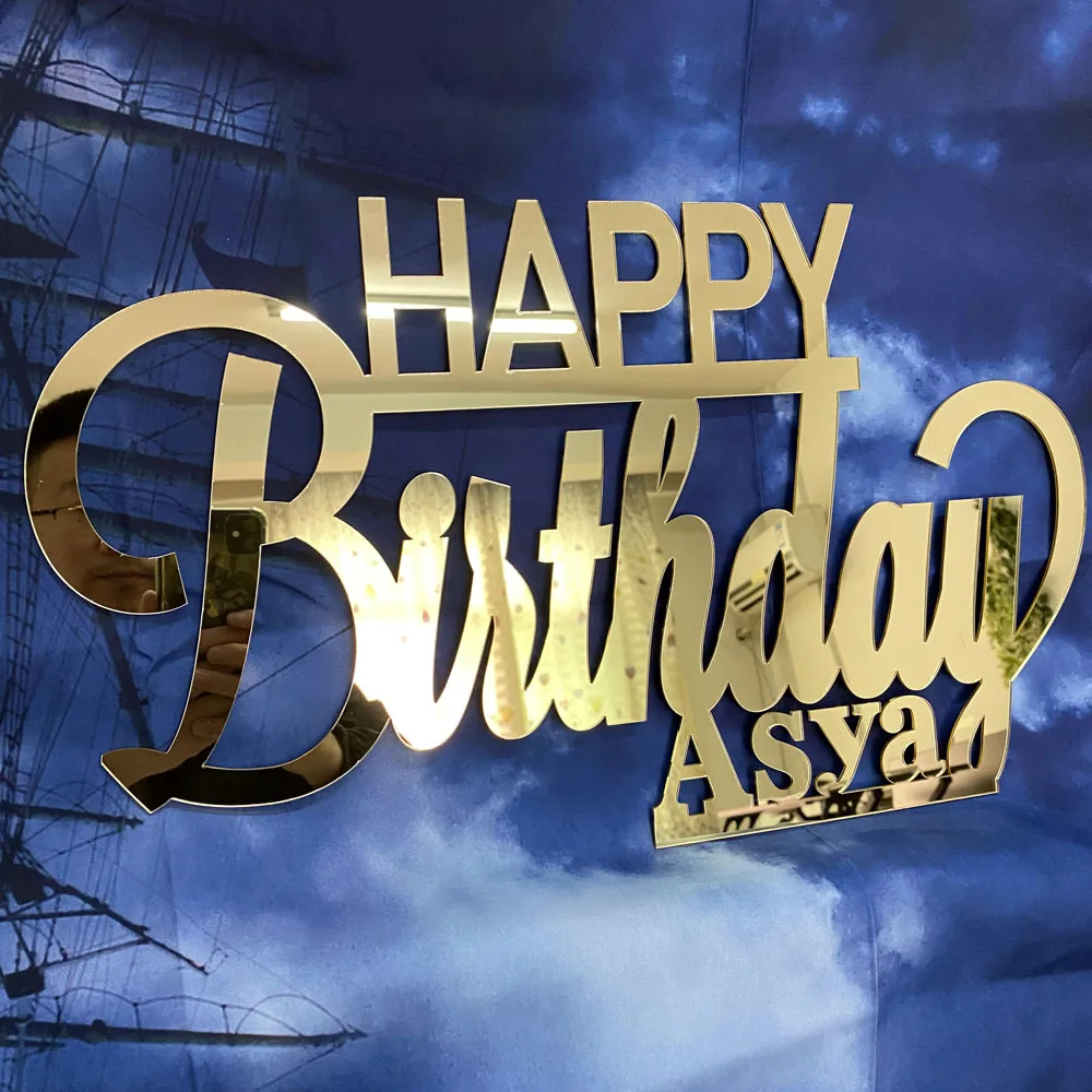 

Personalized Happy Birthday Mirror Gold Sign Photo Props Custom Any Name Wooden Gifts for Baby Kids Party Celebrate Decor