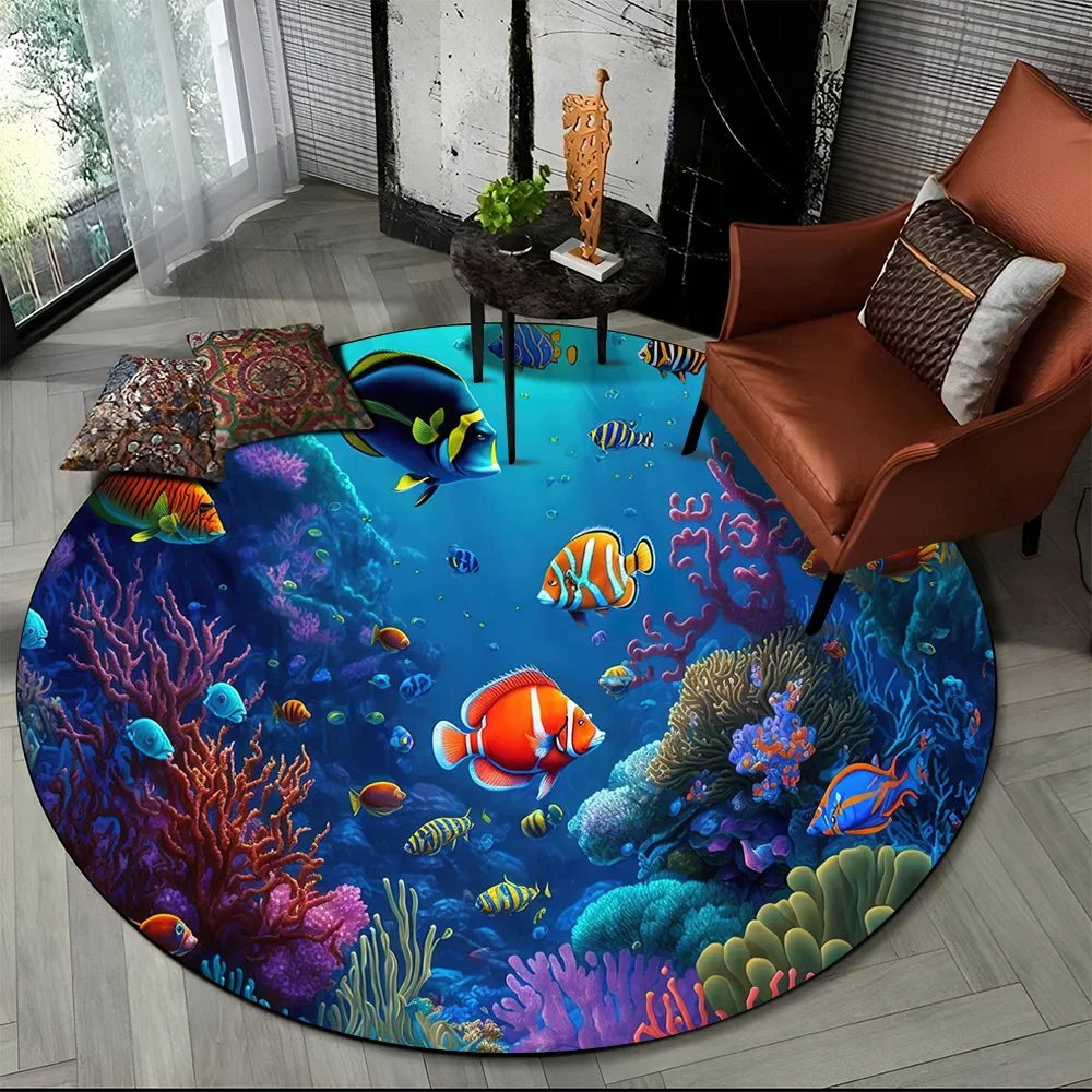 سجادة مستديرة على شكل سمكة دولفين على شكل عالم تحت الماء لغرفة المعيشة وغرفة النوم وديكور الأطفال، سجادة منطقة الحيوانات الأليفة غير قابلة للانزلاق