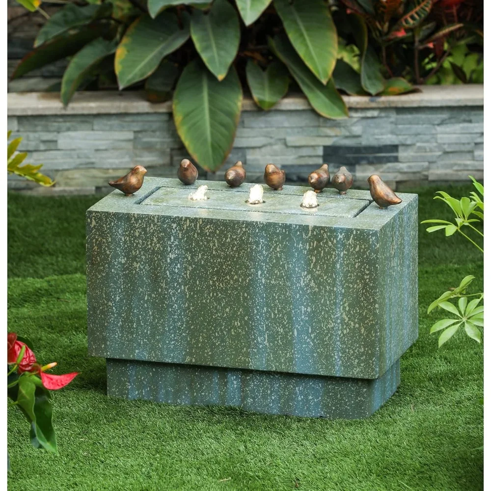 

24 Inch Outdoor Water Fountain, Resin Stone and Patina Rectangular Water Fountains Outdoor and Indoor with LED Lights