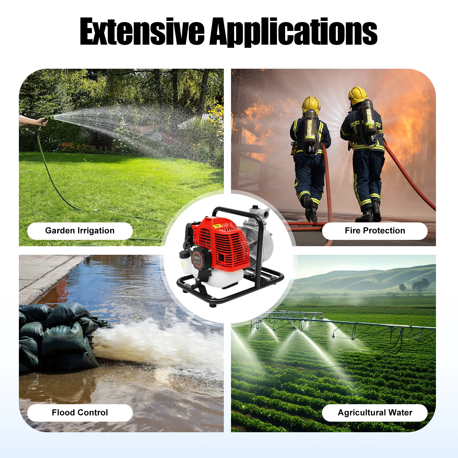 

2-тактный коммерческий водяной насос для газового двигателя, 1400 Вт, 43 куб.см, 1 дюйм, портативный бензиновый насос для перекачки воды на входе