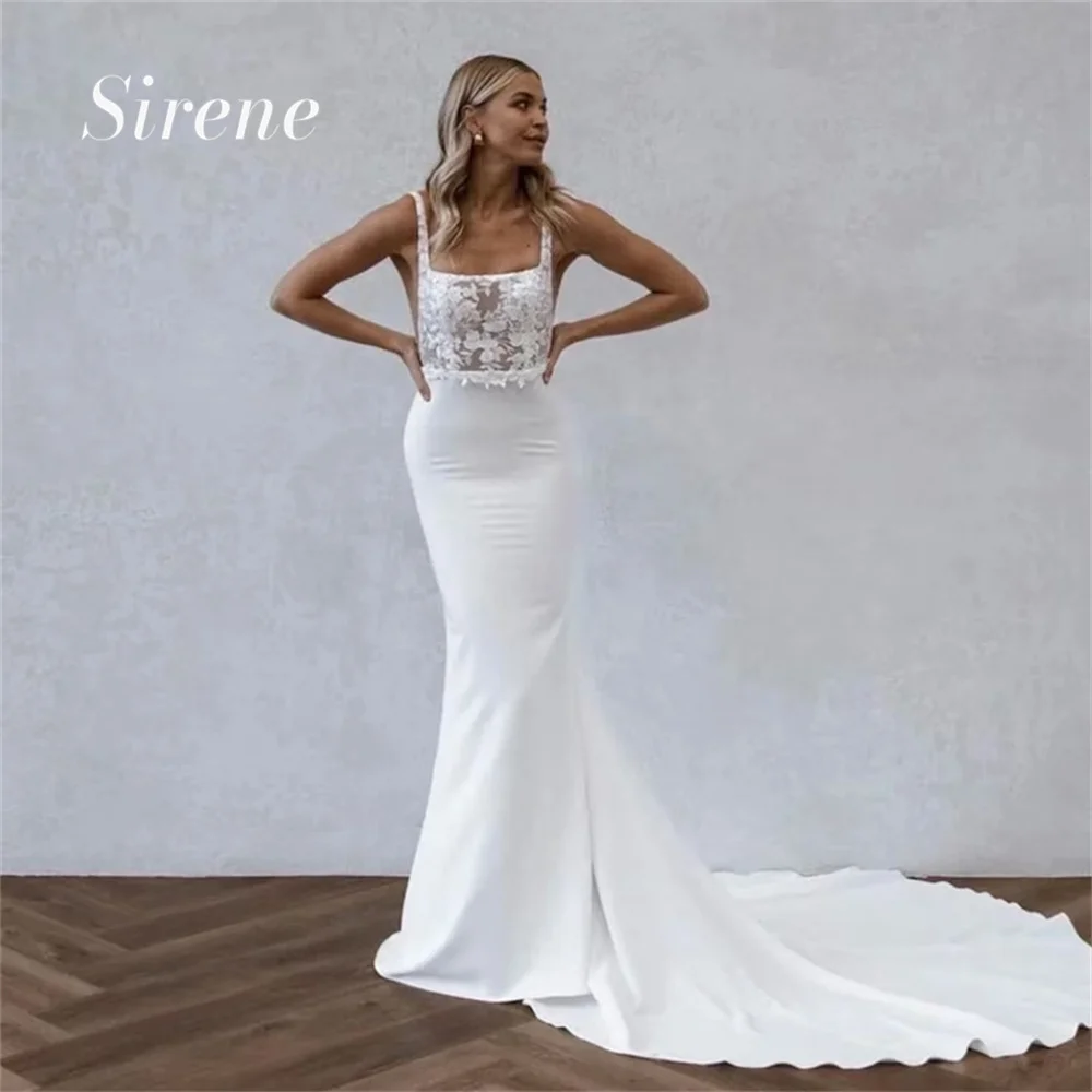 

Sirene Sexy Lace Applique Illusion Mermaid Wedding Dress Backless Square Neck Spaghetti Strap Sleeveless Floor Length Bride Gown