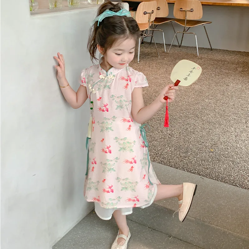 

Chinese style hanfu girls dress2025summer little girls's fashionable dress popular street CHILDREN'S cheongsam