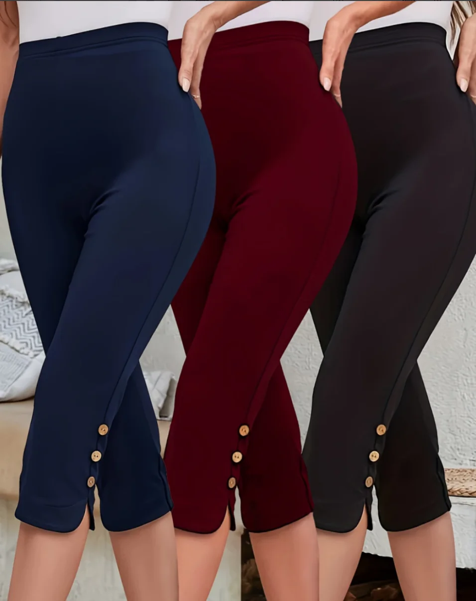 【3-pack capri-legging】 Damesbroek met hoge taille en knoopzoom, marineblauw+bordeaux+zwarte stretch slim-fit cropped broek, casual workou