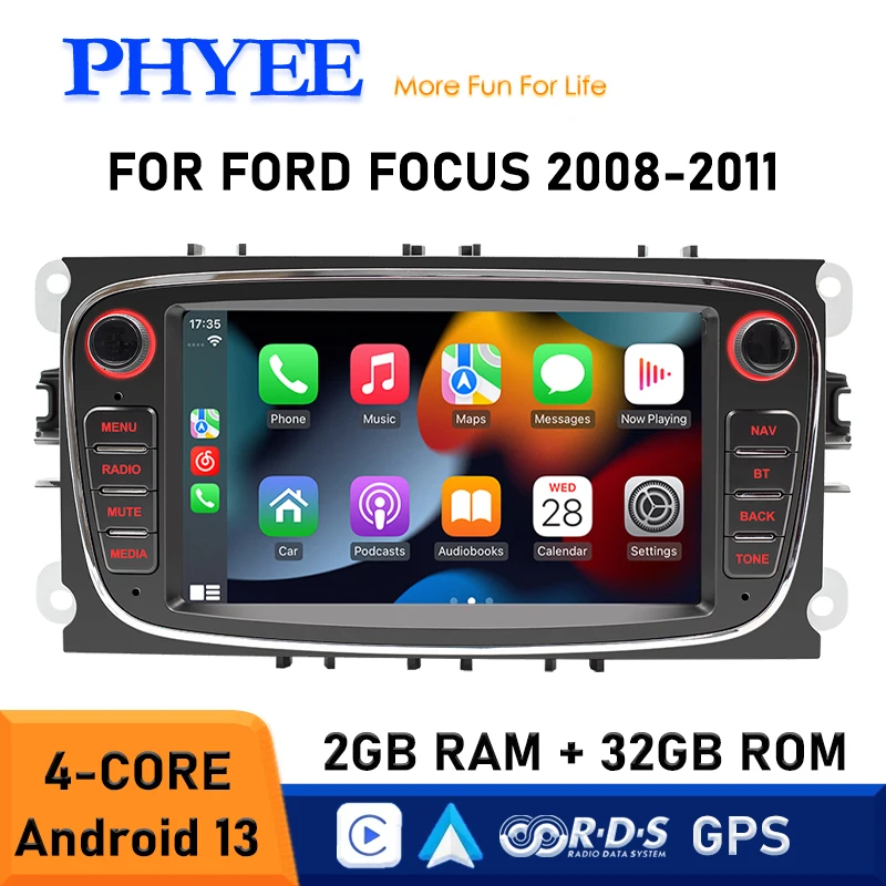 

Автомобильное радио Android-мультимедиа для Ford Focus 2 Mondeo Mk3, беспроводной CarPlay Android-Auto, Bluetooth RDS GPS, 7-дюймовый сенсорный экран