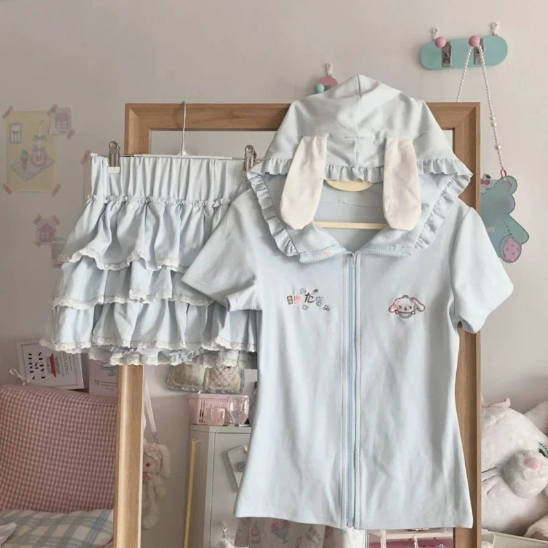 

2025 Ropa Mujer Summer Japanese Kawaii Set Clothing Hooded Short Sleeve Slim Tees Cute Cake Skirt Fashion Y2k Mini Skirt Suit
