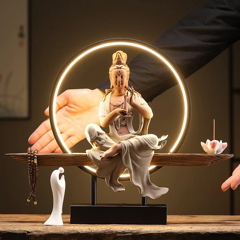 Backflow Incense Burner Ceramic Guan Yin Statue Zen Bodhisattva Figurine Waterfall Smoke Cone Home Office Desk Table Decor
