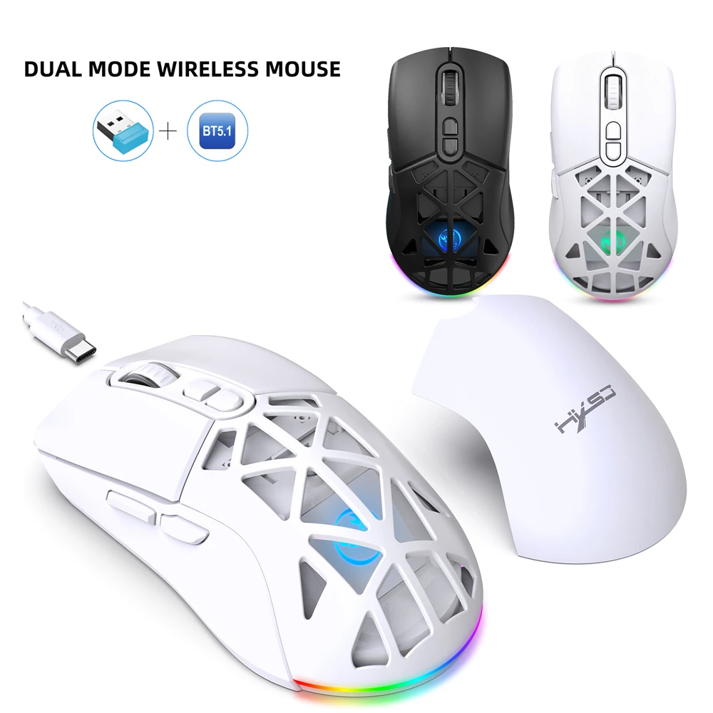 T26 Dual-mode Wireless Mouse 2.4G BT5.1 RGB Backlight 4800DPI 650MAH Rechargeable Battery Hollow Out Design Office Game Mice