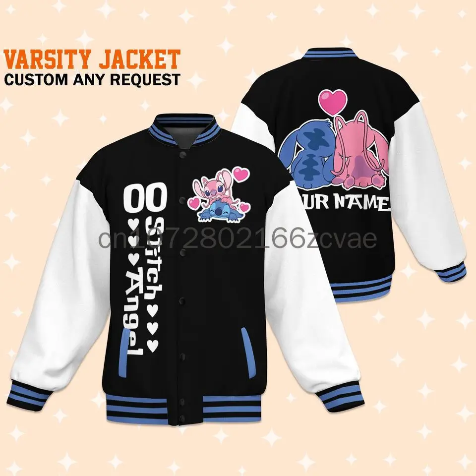 Free Custom Name  Stitch and Angel Couple Love Baseball Jacket Disney Casual Baseball Jacket Oversize Street Men's and Women's J