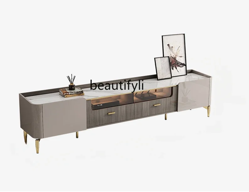 

Light Luxury TV Cabinet and Tea Table Modern Simple Small Apartment Living Room Minimalist Stone Plate Floor Cabinet