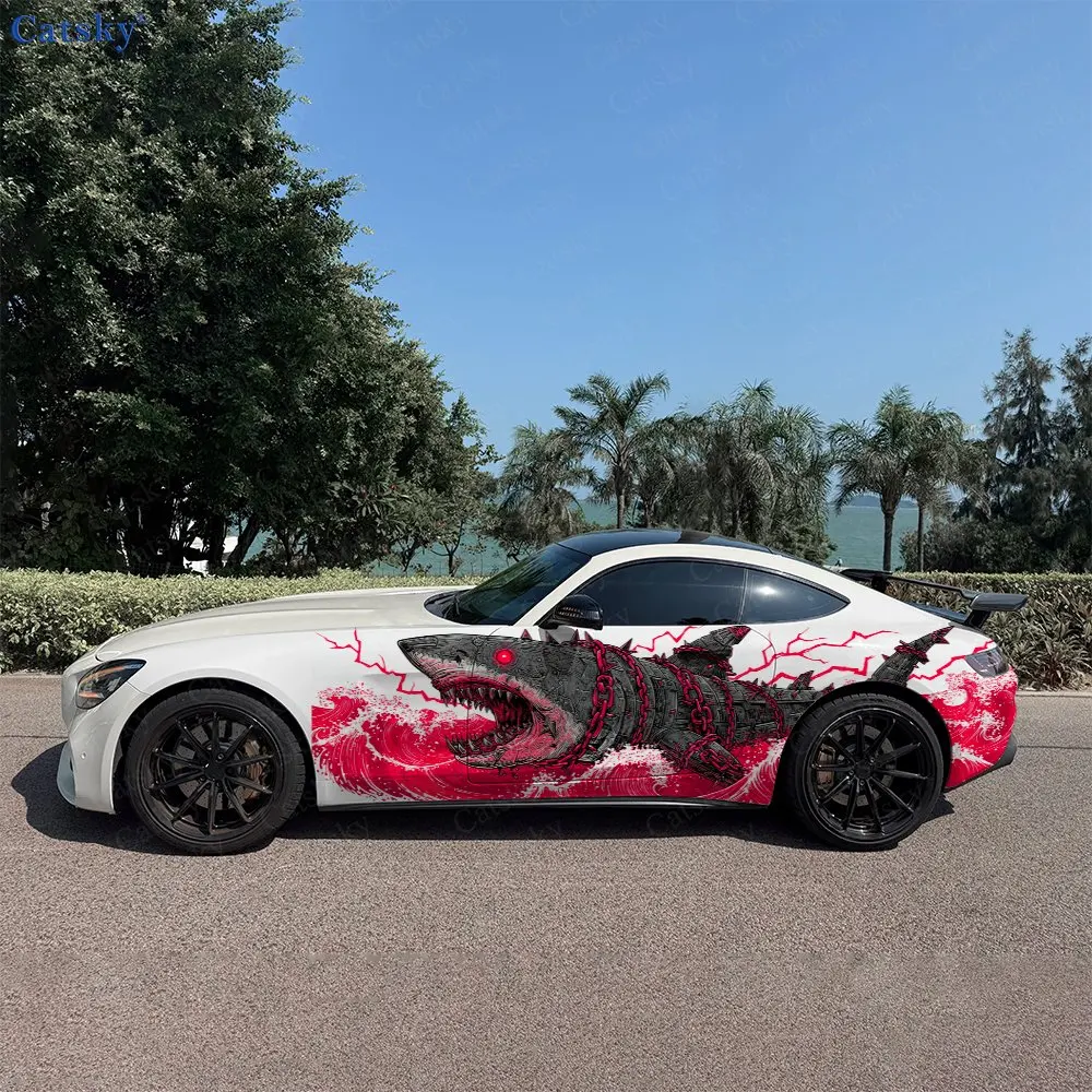 2pcs Red Lightning Shark Car Side Wraps, Self-Adhesive PVC Waterproof & Scratch-Resistant Stickers, Car Accessory Gift