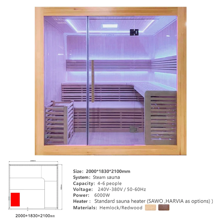 Home Indoor Corner Sauna, 4-6 Person Traditional Wooden Steam Sauna with LED Light