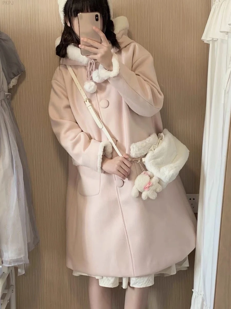 Japanese Kawaii Lolita Wool Coat Women Pink Sweet Pockets Cute Hooded Jackets Female Korean Casual Loose Coat Warm Winter 2024