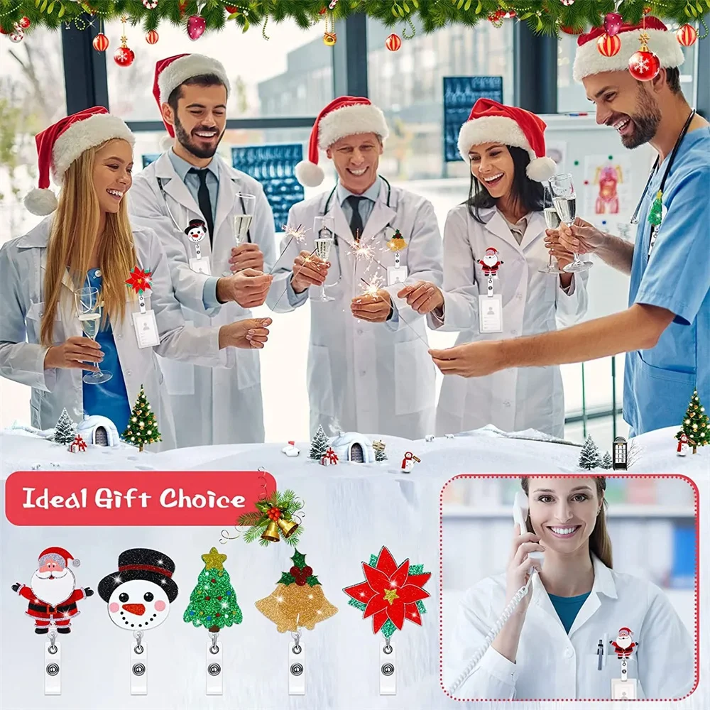 Retractable Christmas Theme Badge Reel For Nurse Id Name Badge Holder Staff Work Card Clip Pass Bus Card Sleeve Clip Reel