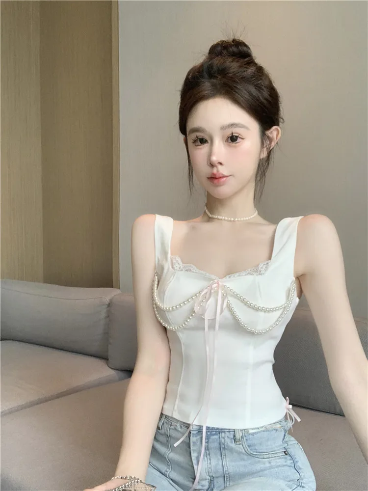 

Sexy Girl Black White Pearl Chain Short Camisole New Summer Lace Up Open Back Sling Top Vest Fashion Sleeveless Tank Crop Top