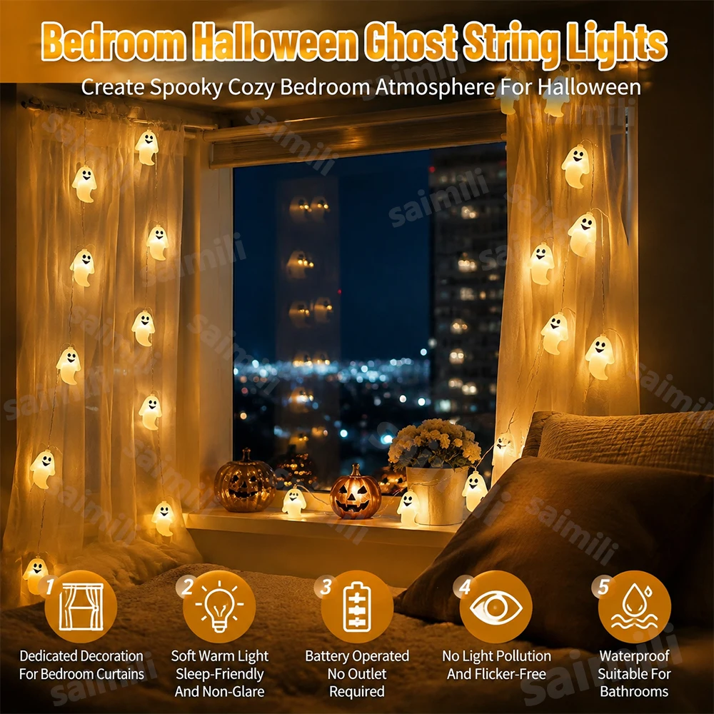 Halloween Ghost LED String Lights Battery Operated Flexible Hanging Spooky Lamp For Home Balcony Window Holiday Party Decor
