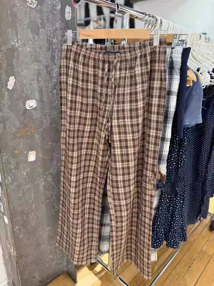 Pantaloni a gamba larga con coulisse scozzese vintage Pantaloni estivi da donna a vita alta larghi dritti Pantaloni casual dolci stile preppy femminile Novità