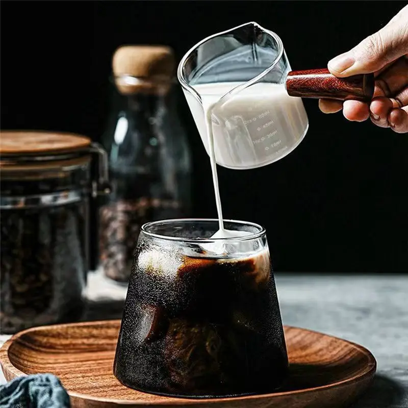 SEWS-Wood Handle Glass Espresso Measuring Cup Double Mouth Milk Jug Clear Kitchen Measure Mug Coffee Supplies 120Ml