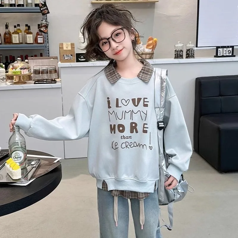 

Girls' Middle & Big 2025 New Spring Autumn Stylish Checkered Collar Fake Two-Piece Sweatshirt Top
