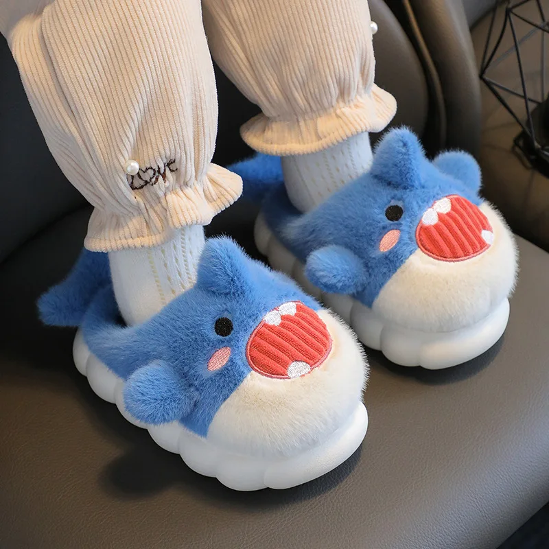 Children Home Shoes Cashmere Cotton Shark Slippers Baby Boy Warm Shoes Girl Slippers Indoor Cartoon Velvet Cotton-padded Shoes