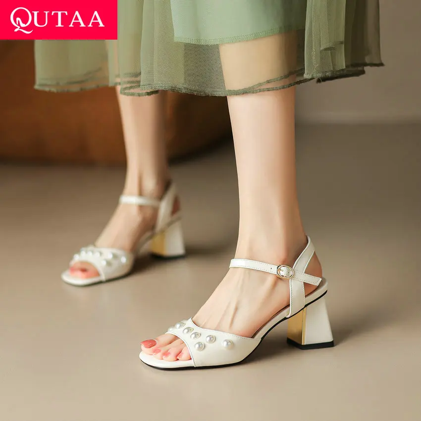 QUTAA 2023 Summer Thick High Heels Women Sandals String Bead Microfiber Party Office Lady Pumps Shoes Woman Size 34-43