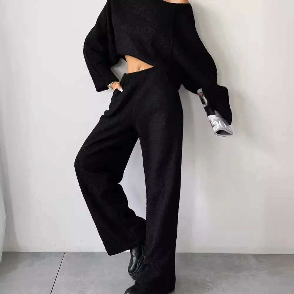 

Fashion Casual Plush Loose Monochrome Long-sleeved Top and Trousers Two-piece Suit Daily Sports Women's Suit