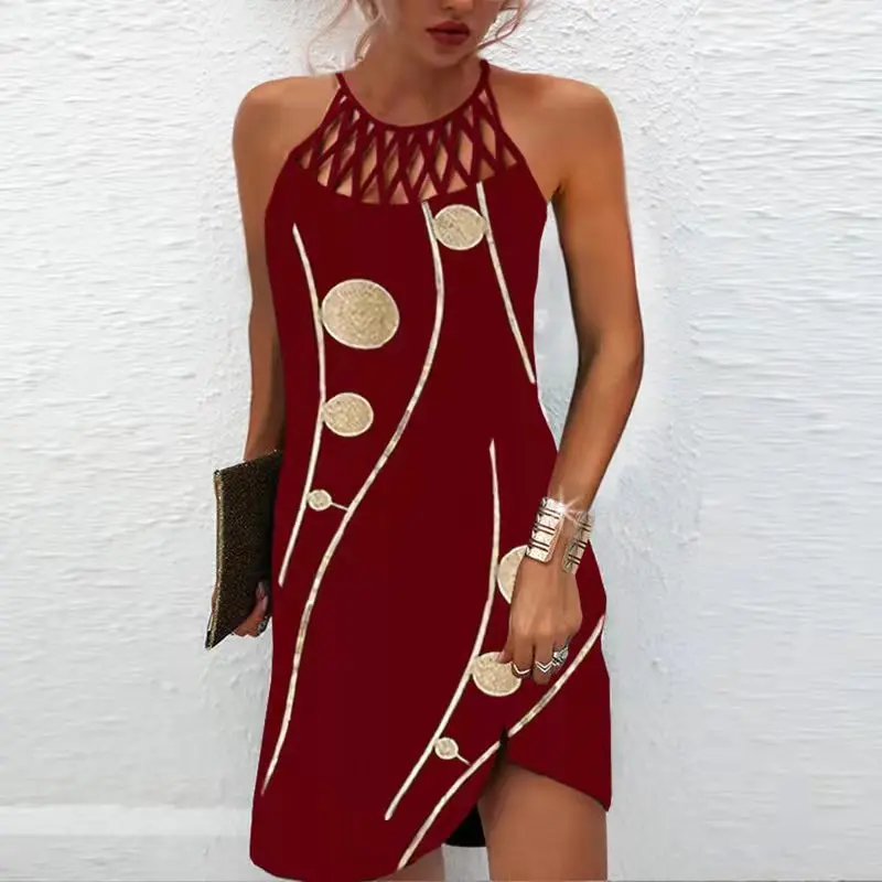 Mandylandy Ethnic Print Casual Mini Dress Women Summer Mesh Sleeveless Camis Dresses Hollow Out Loose Straight Sexy Dress