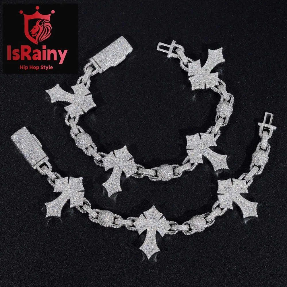 IsRainy Hip Hop Rock 100% 925 Sterling Silver D Color Real GRA All Moissanite Diamonds Cross Bracelets Cuban Chain Fine Jewelry