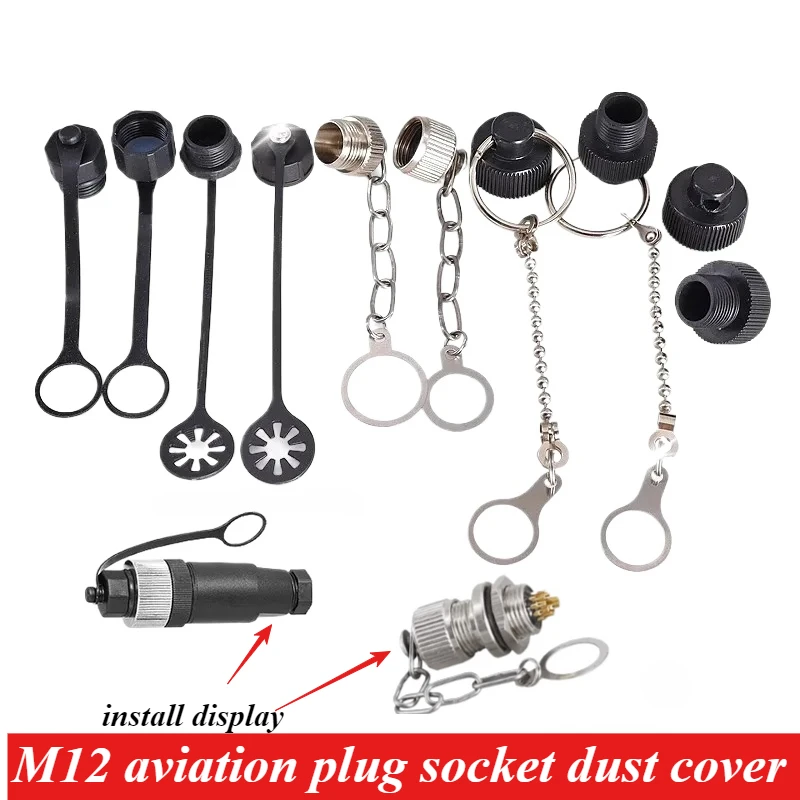 M12 Aviation Plug Socket Dust Cover with Chain Plastic Rubber Metal Dust Cover for Male Female Sensor Connector Waterproof Cover