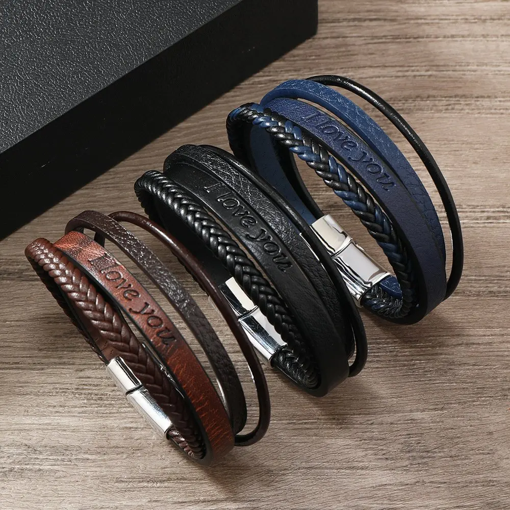 Fashion Rock Punk Printing Love 175 Real Genuine Leather Magnet Bangle Bracelet Charm Jewelry For Women Men Gift 21cm