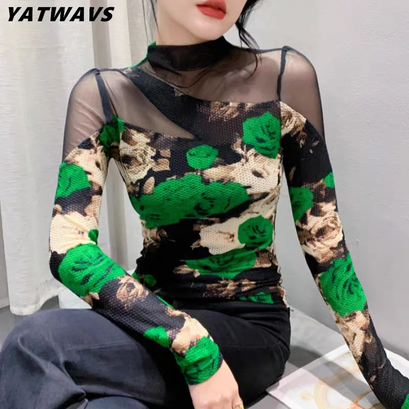 2023 New European Clothes T-Shirt Women Sexy Turtleneck Chic Green Rose Print Slim Mesh Tops Long Sleeve Bottoming Shirt Tees