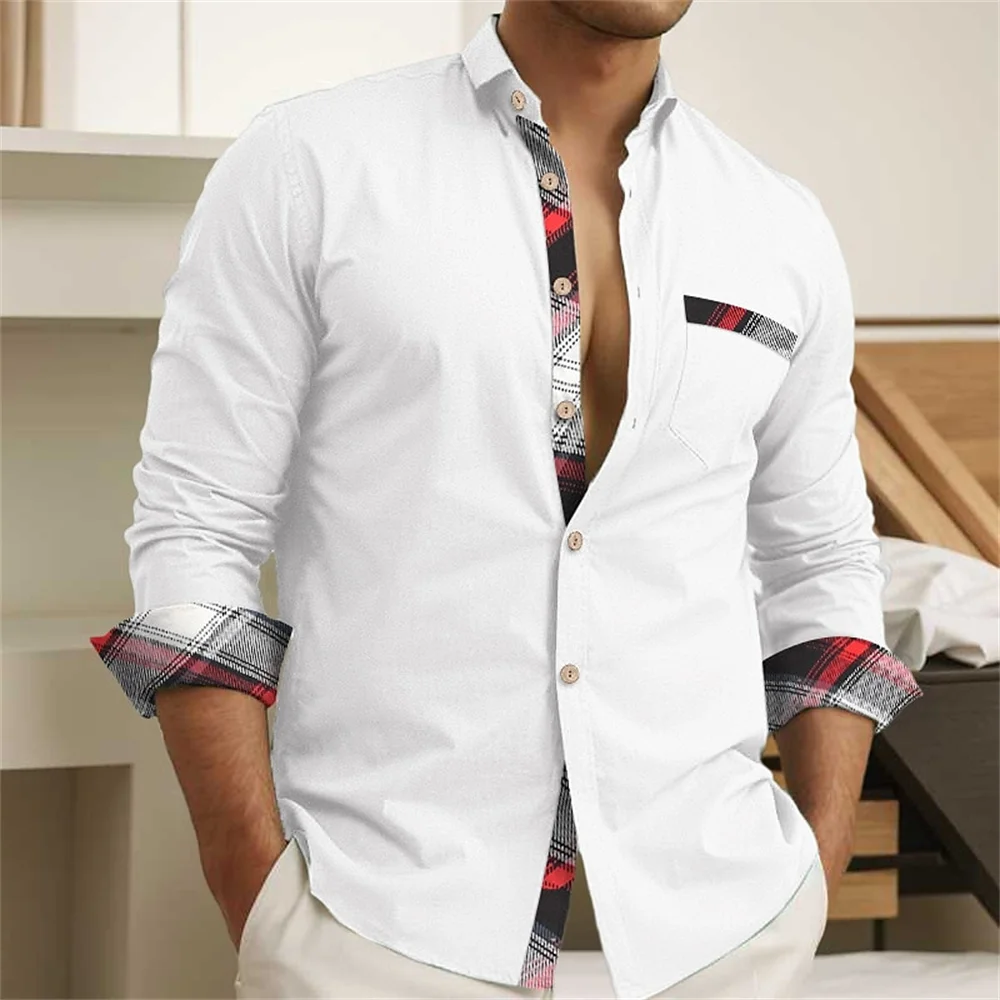 2024 New Men\'s Button Up Shirt Pink White Long sleeved Lapel Daily Vacation Pocket Casual Comfortable Top Plus Size S-6XL