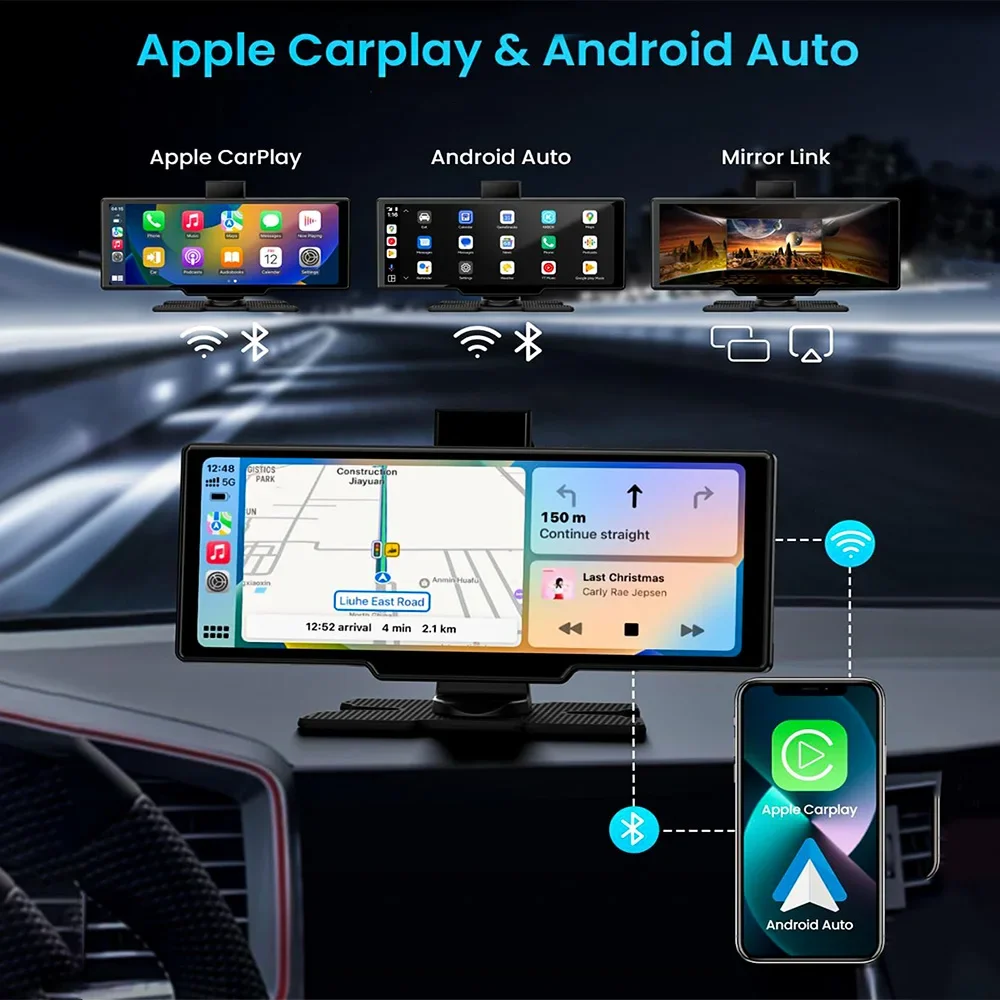 

Новый портативный IPS-монитор 10,26 дюйма 2026 года с беспроводными камерами (фронтальная + задняя), CarPlay и Android Auto, сенсорный экран для универсальных смарт-устройств