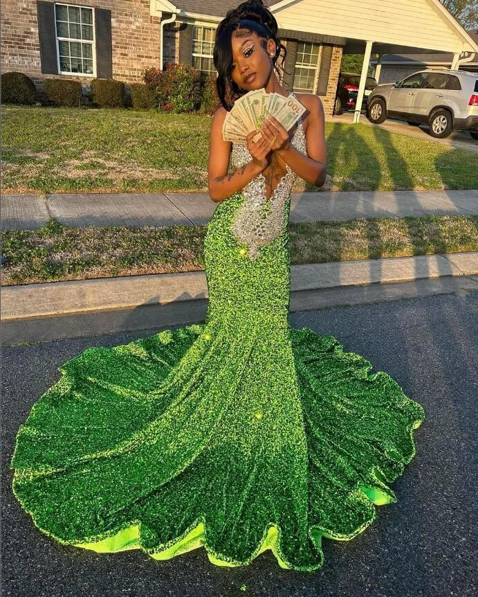 Fruit Green African Mermaid Evening Formal Dress Sparkly Gillter Diamond Crystal Sheer Mesh Black Girl Birthday Party Gown