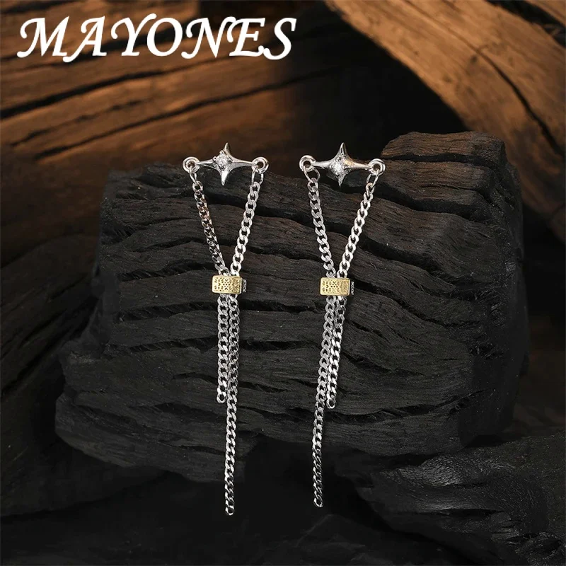 925 Sterling Silver Irregular Cross Star Earrings for Women Unique Design Tassel Chain Long Drop Earrings Light Luxury Jewelry