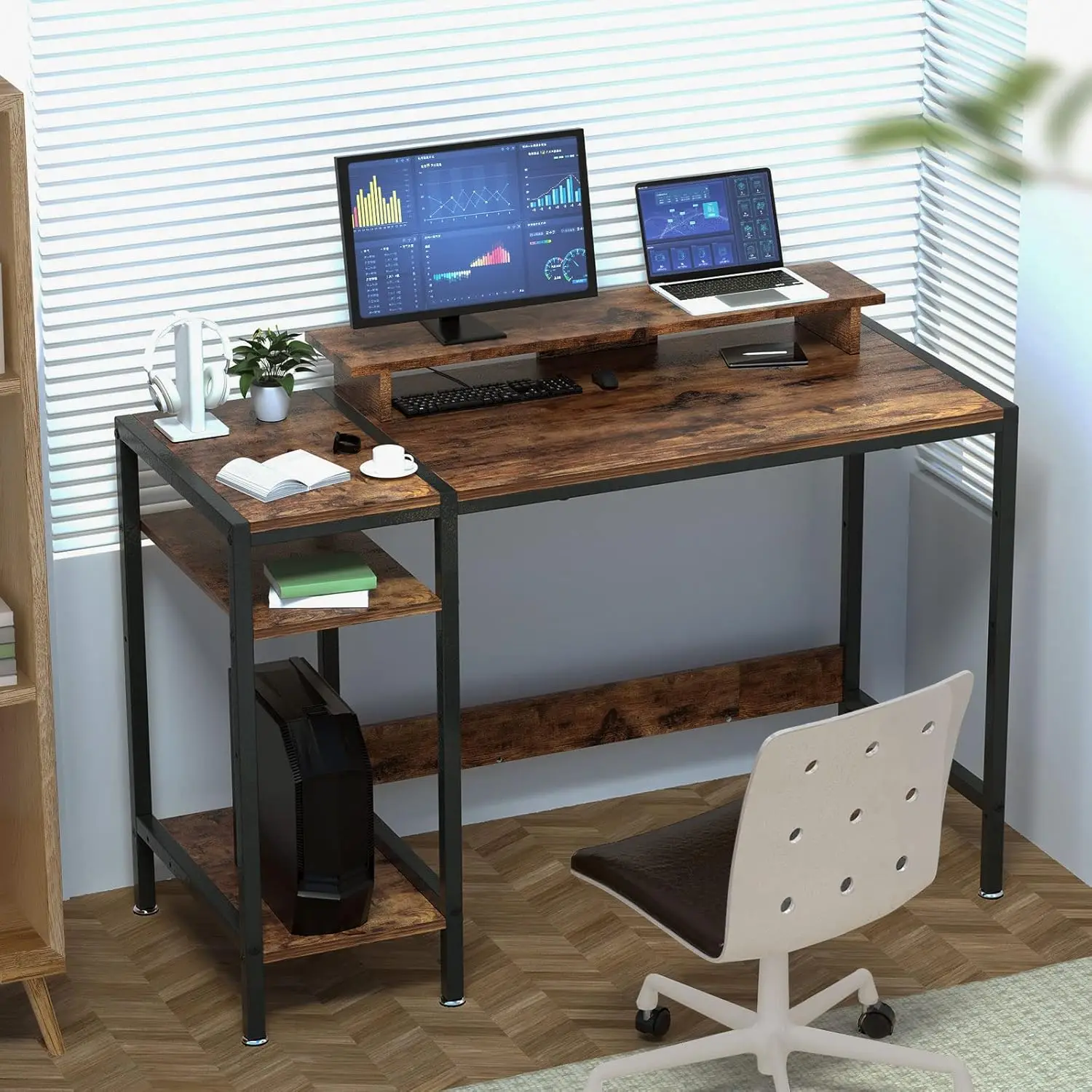 

Gaming/Computer Desk - 47” Home Office Small Desk with Monitor Stand, Rustic Writing Desk for 2 Monitors, Adjustable Storage