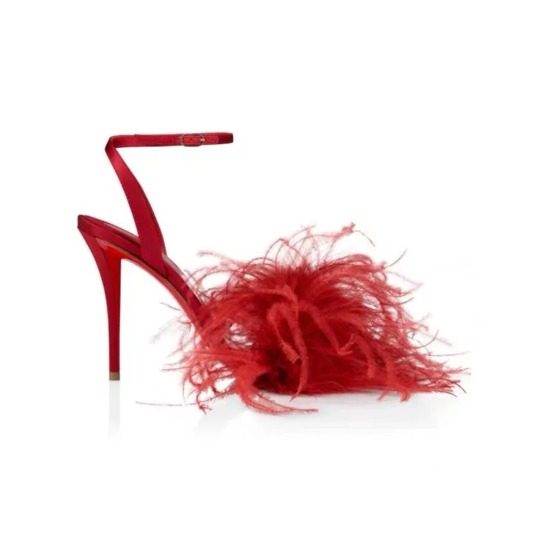 Round Headed Red Feathered Fine Heeled Sandals with Straight Buckle for Women Commuting to the Workplace, Stunning Fashion Shoes